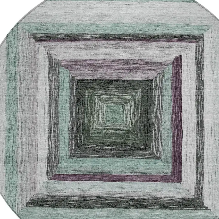 8' Pale Aqua Ivory And Gray Round Geometric Washable Indoor Outdoor Area Rug Photo 4