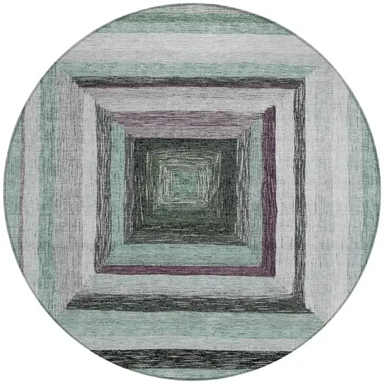 8' Pale Aqua Ivory And Gray Round Geometric Washable Indoor Outdoor Area Rug Photo 3