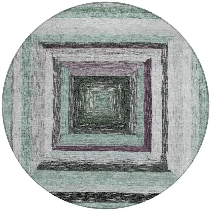 8' Pale Aqua Ivory And Gray Round Geometric Washable Indoor Outdoor Area Rug Photo 3