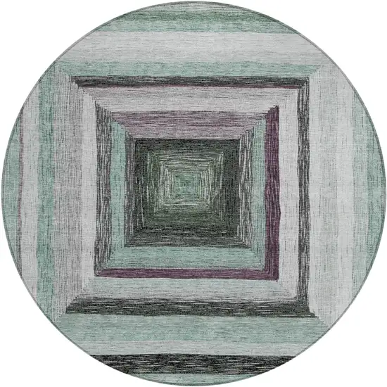 8' Pale Aqua Ivory And Gray Round Geometric Washable Indoor Outdoor Area Rug Photo 1