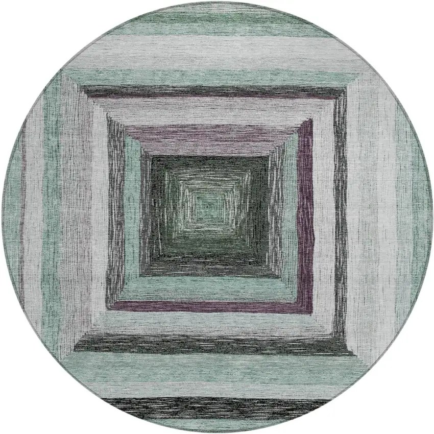 8' Pale Aqua Ivory And Gray Round Geometric Washable Indoor Outdoor Area Rug Photo 1