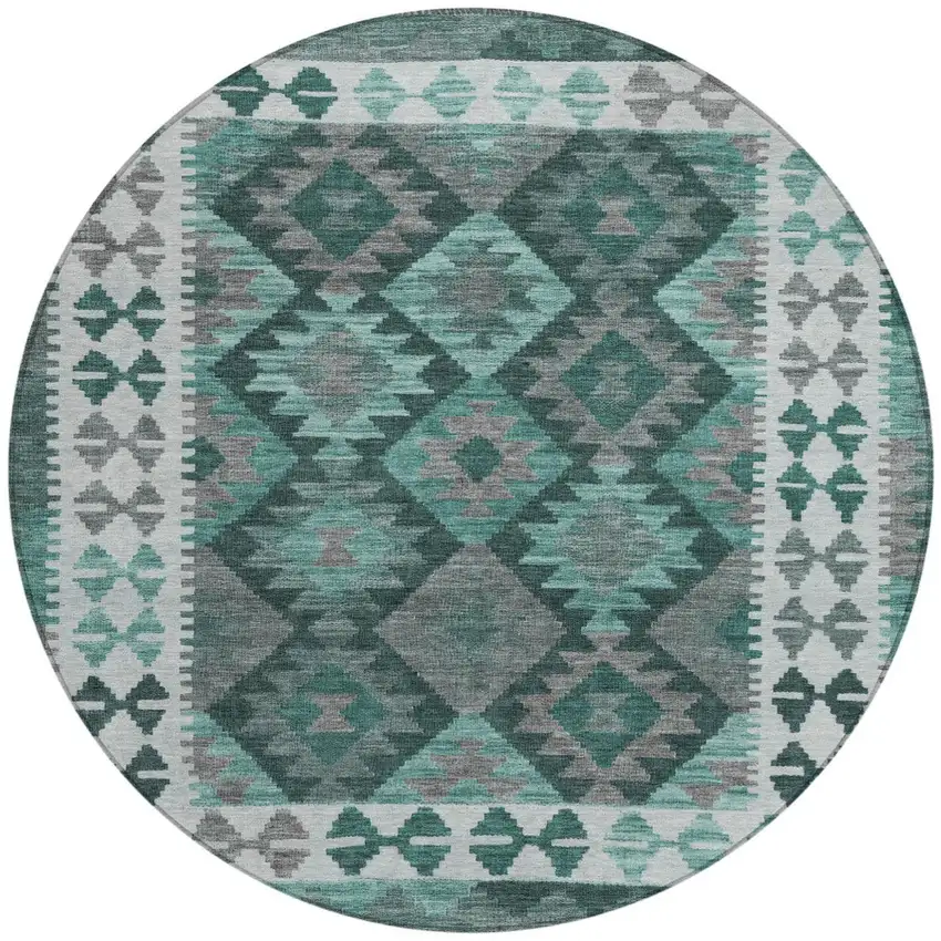 8' Pale Aqua Ivory And Gray Round Tribal Washable Indoor Outdoor Area Rug Photo 3