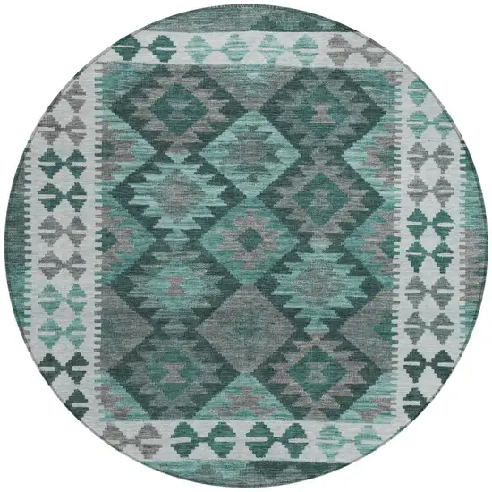 8' Pale Aqua Ivory And Gray Round Tribal Washable Indoor Outdoor Area Rug Photo 3