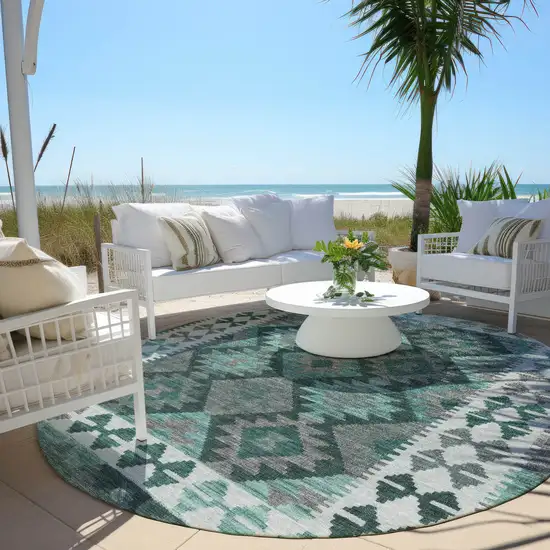 8' Pale Aqua Ivory And Gray Round Tribal Washable Indoor Outdoor Area Rug Photo 5