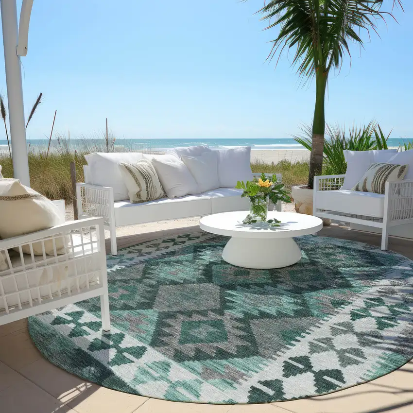 8' Pale Aqua Ivory And Gray Round Tribal Washable Indoor Outdoor Area Rug Photo 5