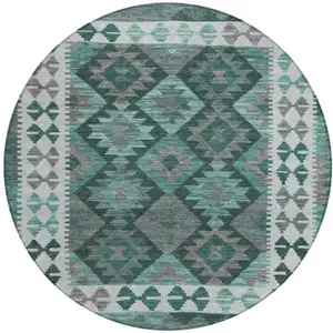 Photo of 8' Pale Aqua Ivory And Gray Round Tribal Washable Indoor Outdoor Area Rug
