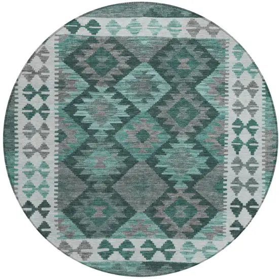 8' Pale Aqua Ivory And Gray Round Tribal Washable Indoor Outdoor Area Rug Photo 1