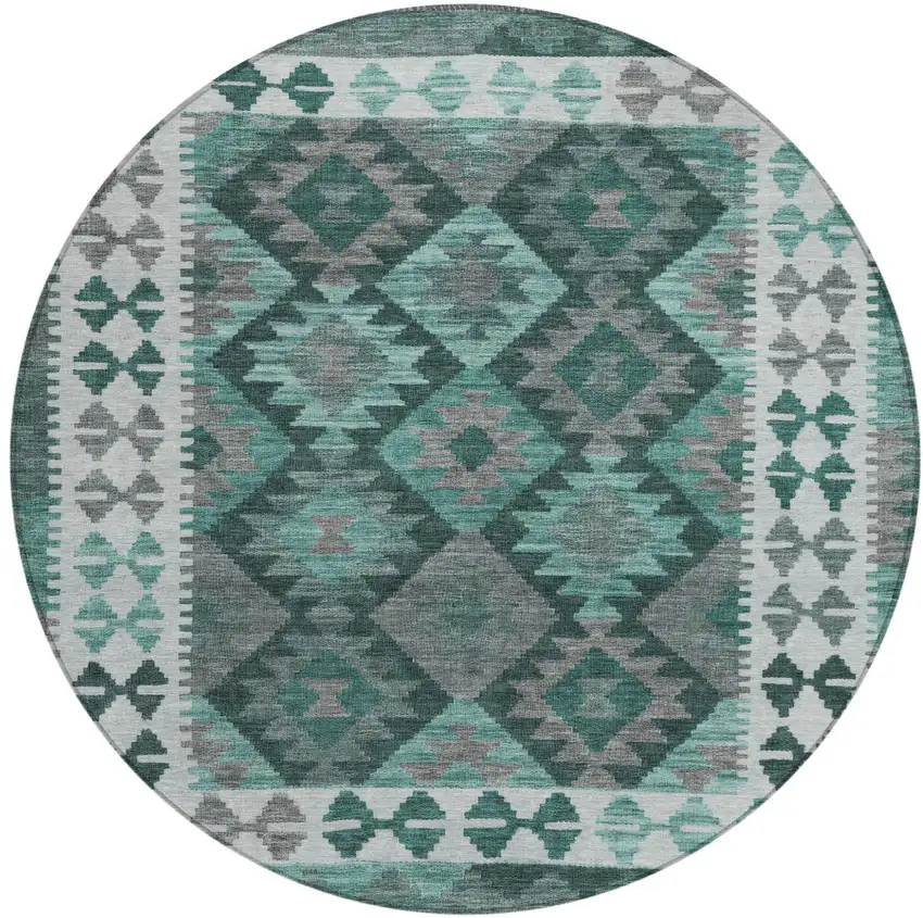 8' Pale Aqua Ivory And Gray Round Tribal Washable Indoor Outdoor Area Rug Photo 1
