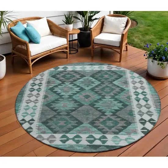 8' Pale Aqua Ivory And Gray Round Tribal Washable Indoor Outdoor Area Rug Photo 2