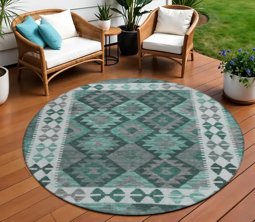 8' Pale Aqua Ivory And Gray Round Tribal Washable Indoor Outdoor Area Rug Photo 2