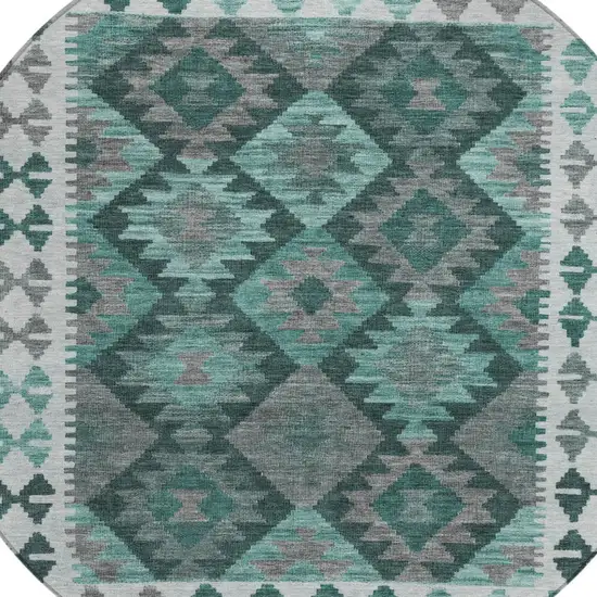 8' Pale Aqua Ivory And Gray Round Tribal Washable Indoor Outdoor Area Rug Photo 8