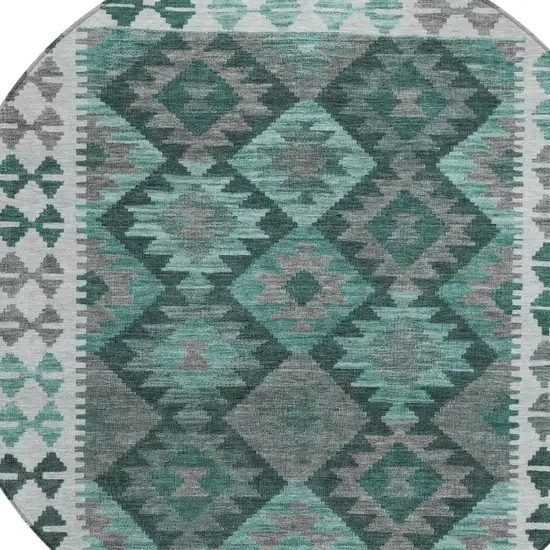 8' Pale Aqua Ivory And Gray Round Tribal Washable Indoor Outdoor Area Rug Photo 4