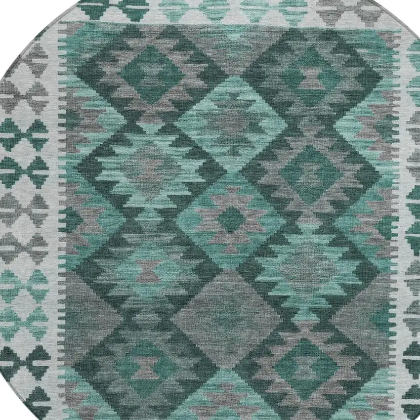 8' Pale Aqua Ivory And Gray Round Tribal Washable Indoor Outdoor Area Rug Photo 4