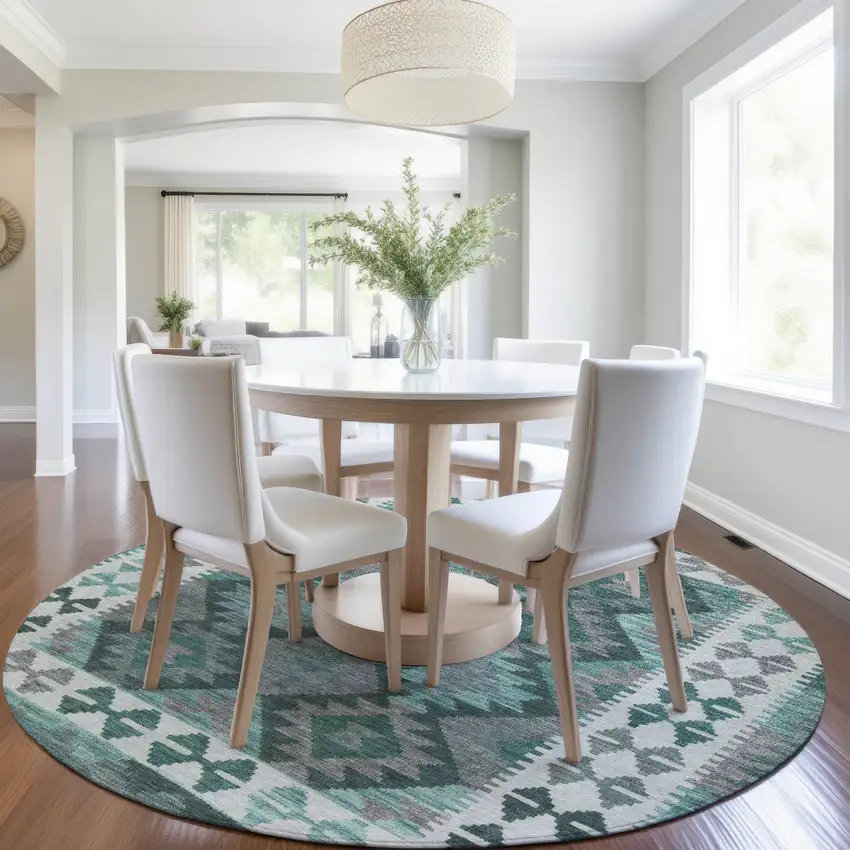 8' Pale Aqua Ivory And Gray Round Tribal Washable Indoor Outdoor Area Rug Photo 6