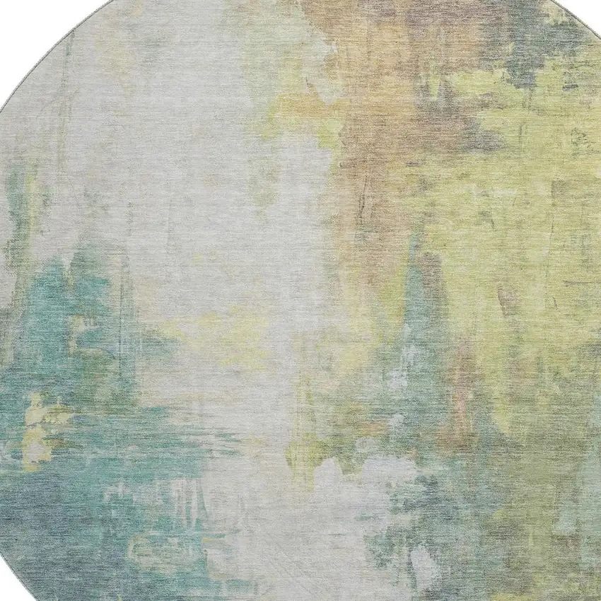 8' Pale Aqua Ivory And Teal Abstract Washable Round Rug With UV Protection Photo 3
