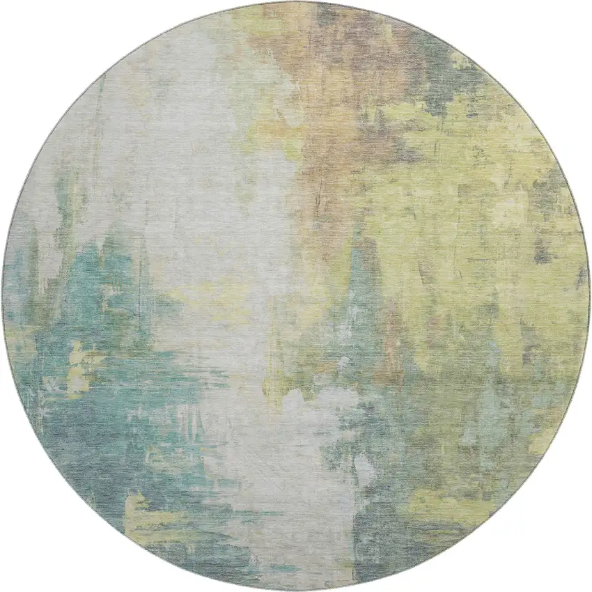 8' Pale Aqua Ivory And Teal Abstract Washable Round Rug With UV Protection Photo 1