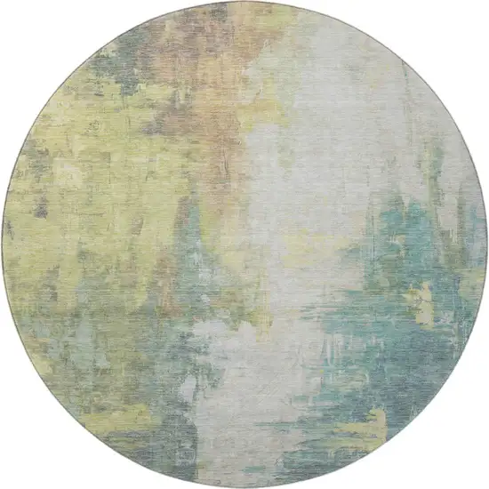 8' Pale Aqua Ivory And Teal Abstract Washable Round Rug With UV Protection Photo 4