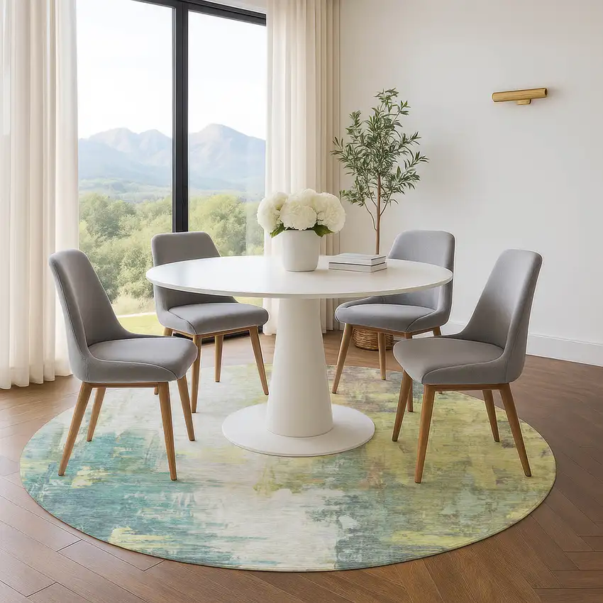 8' Pale Aqua Ivory And Teal Abstract Washable Round Rug With UV Protection Photo 5