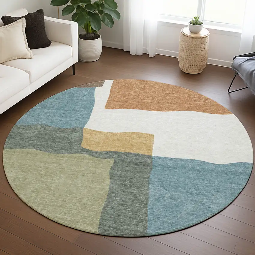 8' Pale Aqua Ivory And Terra Cotta Round Abstract Washable Indoor Outdoor Area Rug Photo 5