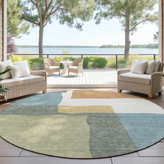 8' Pale Aqua Ivory And Terra Cotta Round Abstract Washable Indoor Outdoor Area Rug Photo 4