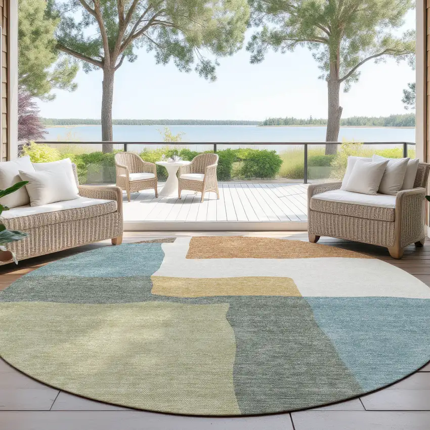 8' Pale Aqua Ivory And Terra Cotta Round Abstract Washable Indoor Outdoor Area Rug Photo 4