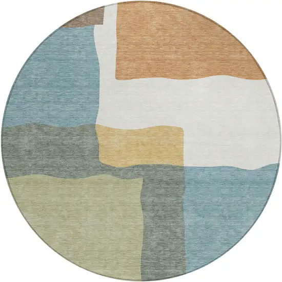 8' Pale Aqua Ivory And Terra Cotta Round Abstract Washable Indoor Outdoor Area Rug Photo 1