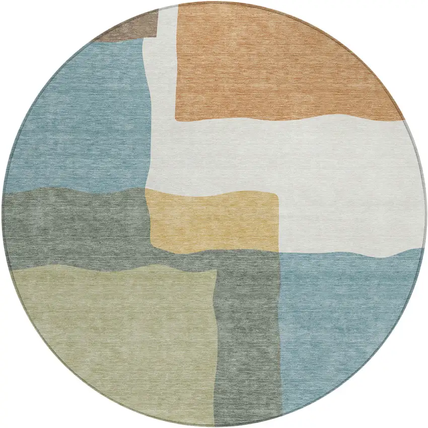 8' Pale Aqua Ivory And Terra Cotta Round Abstract Washable Indoor Outdoor Area Rug Photo 1