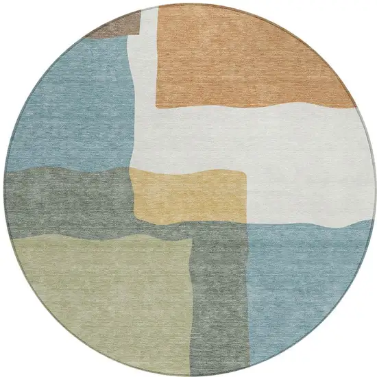 8' Pale Aqua Ivory And Terra Cotta Round Abstract Washable Indoor Outdoor Area Rug Photo 3