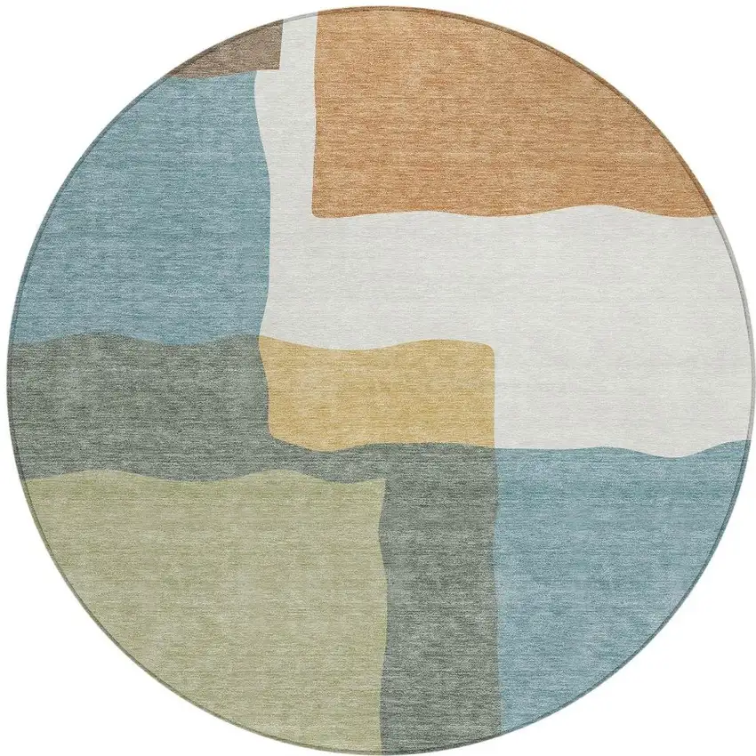 8' Pale Aqua Ivory And Terra Cotta Round Abstract Washable Indoor Outdoor Area Rug Photo 3