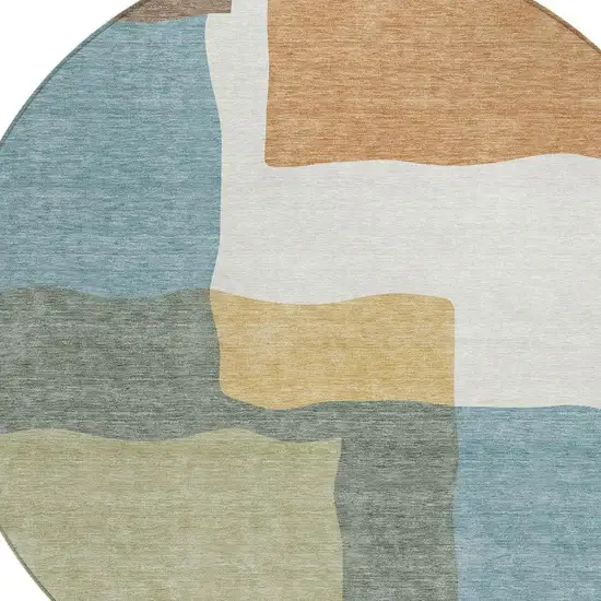 8' Pale Aqua Ivory And Terra Cotta Round Abstract Washable Indoor Outdoor Area Rug Photo 2