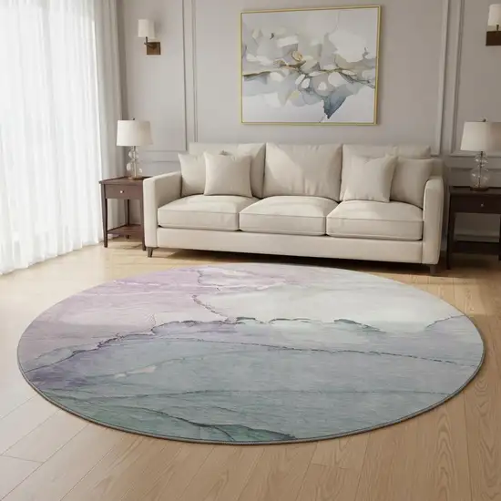 8' Pale Aqua Lavender And Ivory Abstract Washable Round Rug With UV Protection Photo 2