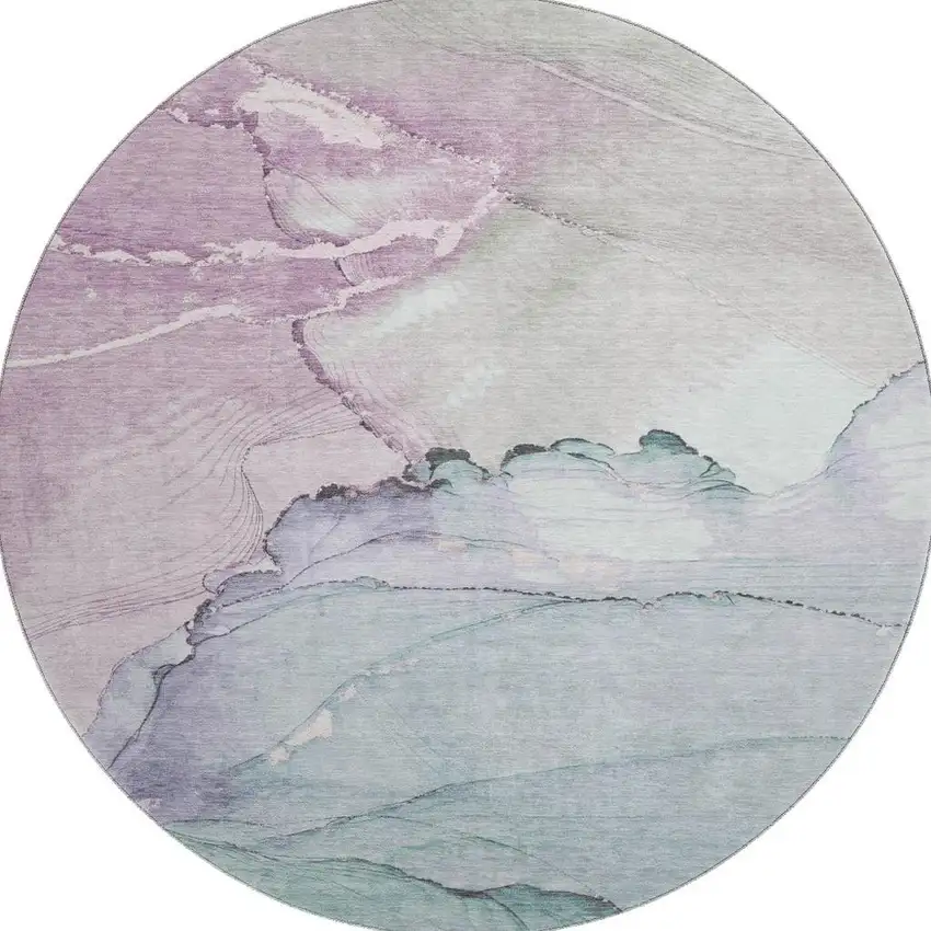 8' Pale Aqua Lavender And Ivory Abstract Washable Round Rug With UV Protection Photo 3
