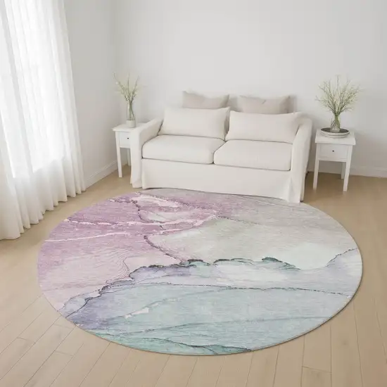 8' Pale Aqua Lavender And Ivory Abstract Washable Round Rug With UV Protection Photo 4