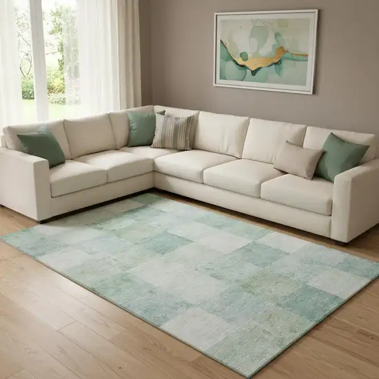 8' Pale Aqua Mint Green And Ivory Geometric Washable Area Rug With UV Protection Photo 2