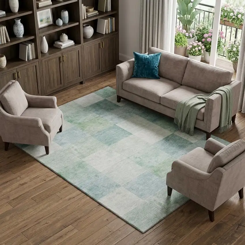 8' Pale Aqua Mint Green And Ivory Geometric Washable Area Rug With UV Protection Photo 1