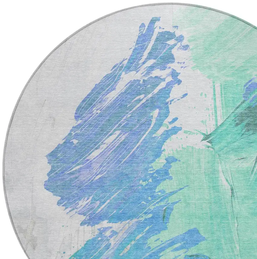 8' Pale Aqua Mint Green And Ivory Round Abstract Washable Indoor Outdoor Area Rug Photo 9