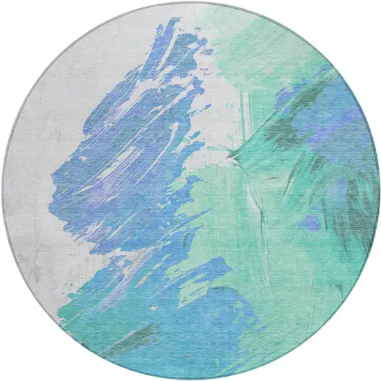 8' Pale Aqua Mint Green And Ivory Round Abstract Washable Indoor Outdoor Area Rug Photo 1