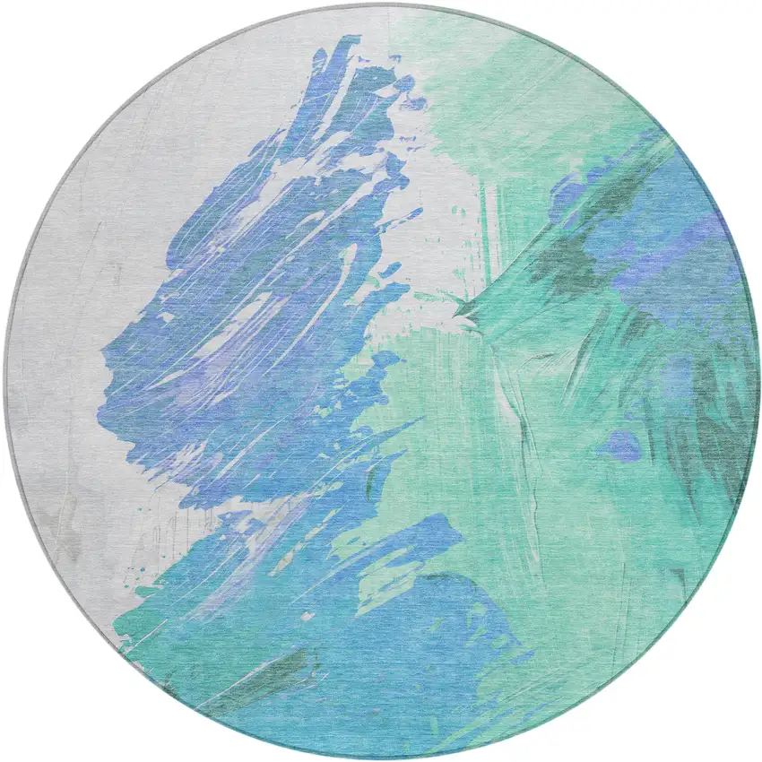 8' Pale Aqua Mint Green And Ivory Round Abstract Washable Indoor Outdoor Area Rug Photo 1