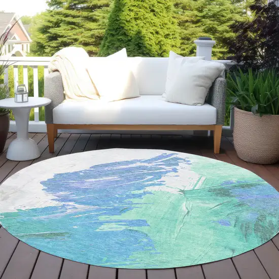 8' Pale Aqua Mint Green And Ivory Round Abstract Washable Indoor Outdoor Area Rug Photo 5