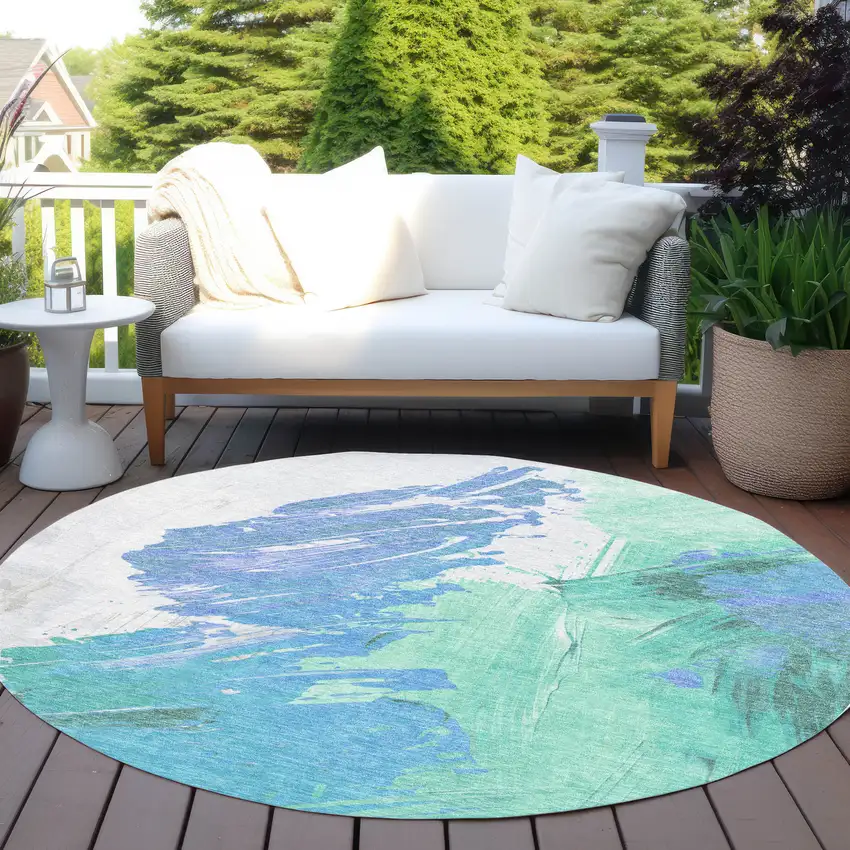 8' Pale Aqua Mint Green And Ivory Round Abstract Washable Indoor Outdoor Area Rug Photo 5