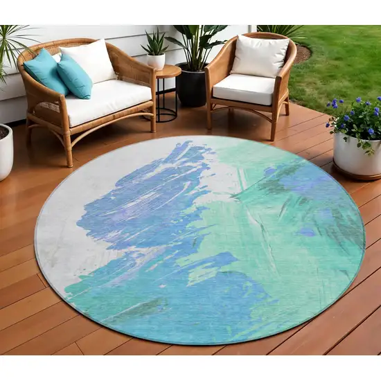 8' Pale Aqua Mint Green And Ivory Round Abstract Washable Indoor Outdoor Area Rug Photo 2