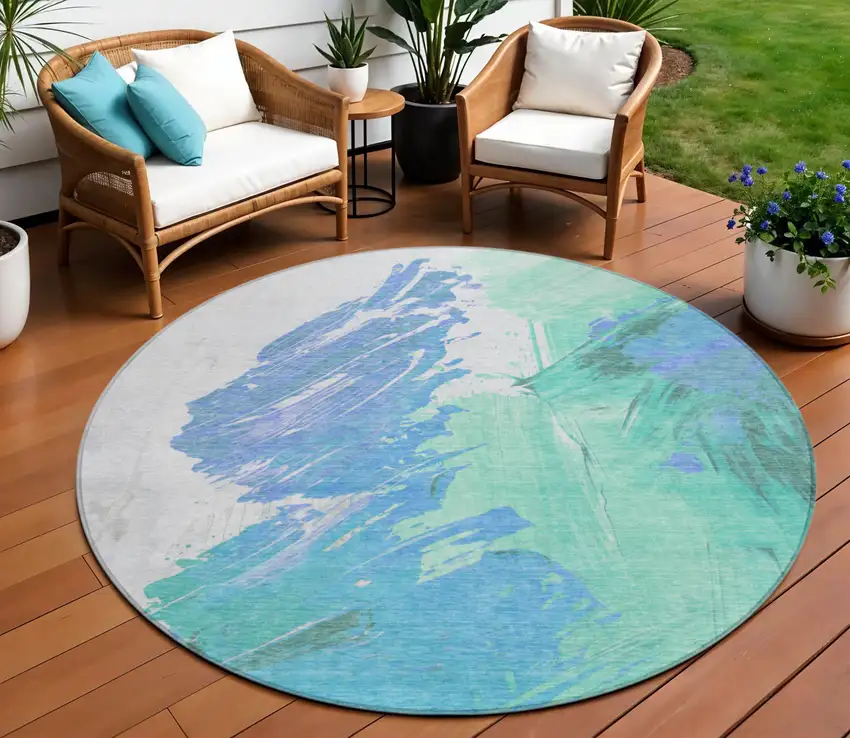 8' Pale Aqua Mint Green And Ivory Round Abstract Washable Indoor Outdoor Area Rug Photo 2