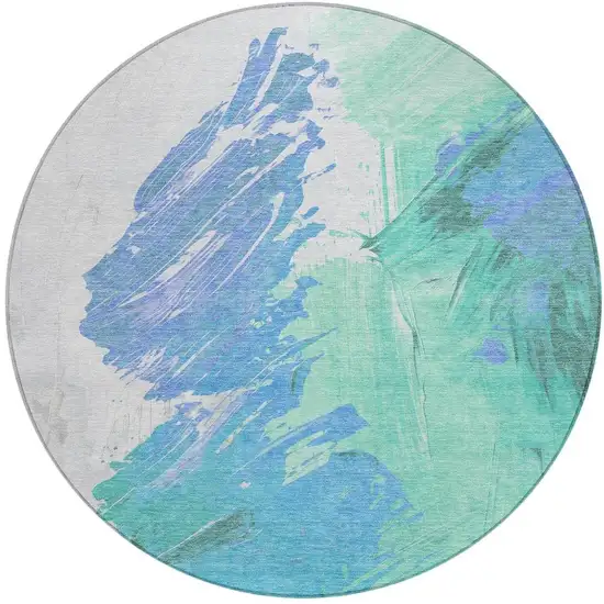 8' Pale Aqua Mint Green And Ivory Round Abstract Washable Indoor Outdoor Area Rug Photo 4
