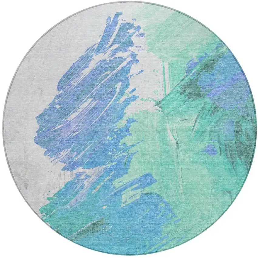 8' Pale Aqua Mint Green And Ivory Round Abstract Washable Indoor Outdoor Area Rug Photo 4