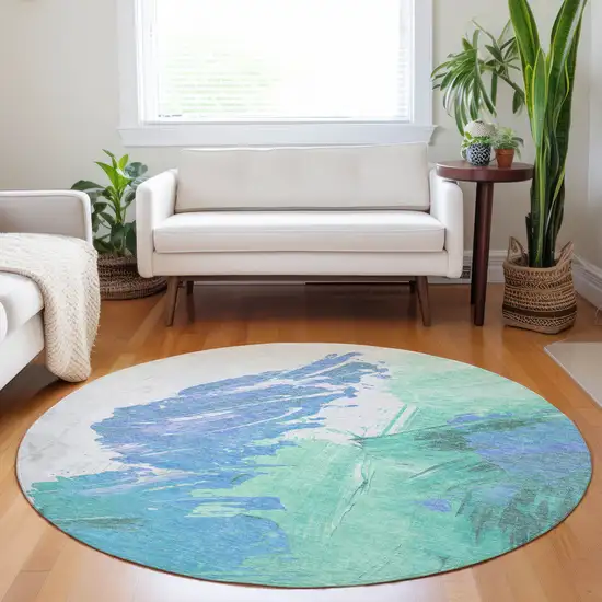 8' Pale Aqua Mint Green And Ivory Round Abstract Washable Indoor Outdoor Area Rug Photo 6