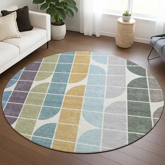 8' Pale Aqua Purple Gray And Copper Round Geometric Washable Indoor Outdoor Area Rug Photo 5
