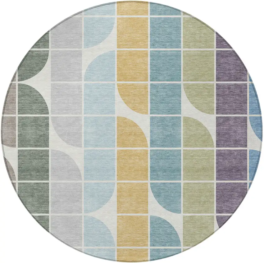 8' Pale Aqua Purple Gray And Copper Round Geometric Washable Indoor Outdoor Area Rug Photo 3