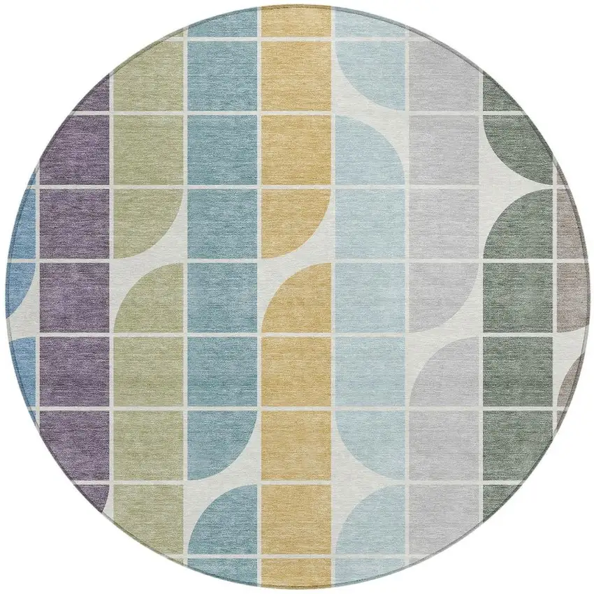 8' Pale Aqua Purple Gray And Copper Round Geometric Washable Indoor Outdoor Area Rug Photo 2