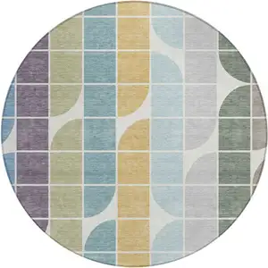 Photo of 8' Pale Aqua Purple Gray And Copper Round Geometric Washable Indoor Outdoor Area Rug