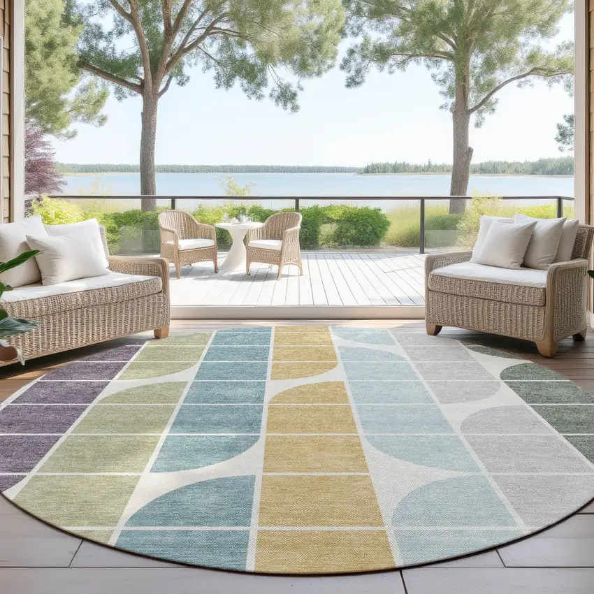 8' Pale Aqua Purple Gray And Copper Round Geometric Washable Indoor Outdoor Area Rug Photo 4